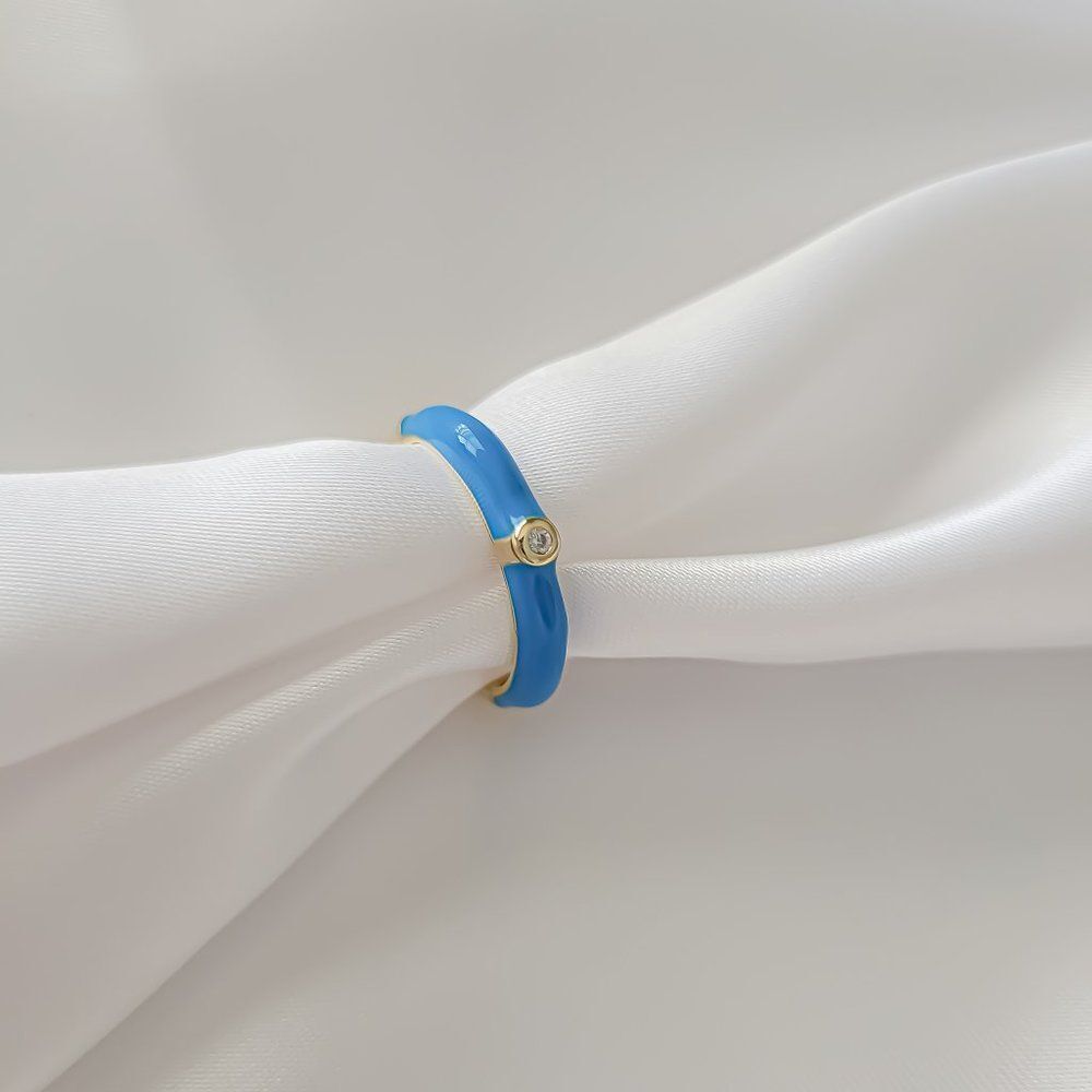 5/$25 Gold and Blue Enamel Statement Ring Rhinestone Minimalist Ring